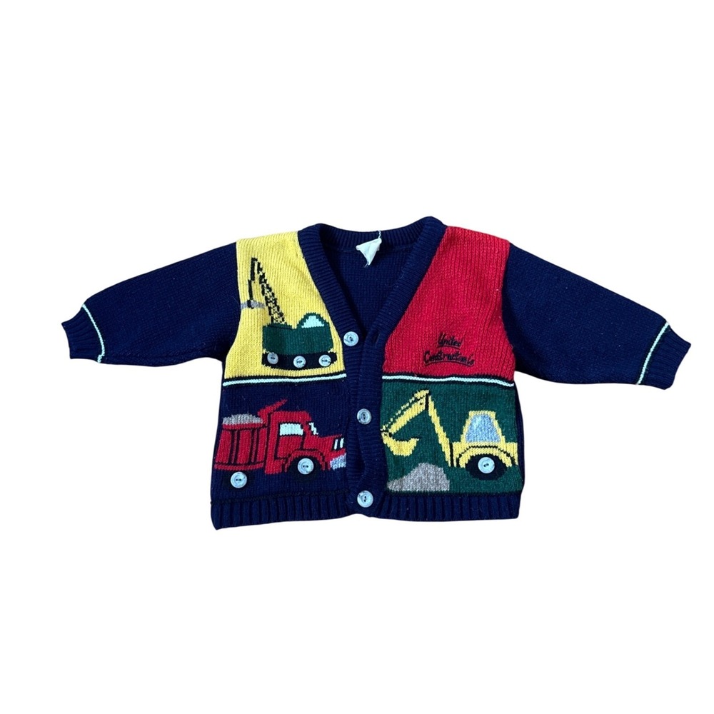 United Construction Co Cardigan Boys Navy Multi Truck Vintage Style SIZE 12M
